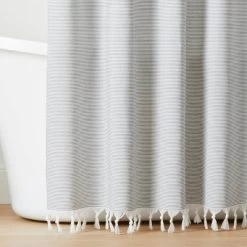 Ticking Stripe Woven Shower Curtain Gray/Cream - Hearth & Hand™ With Magnolia